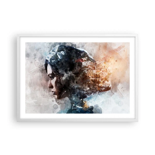 Affiche dans un cadre blanc - Poster - L'histoire d'une fille avec une ville en arrière-plan - 70x50 cm
