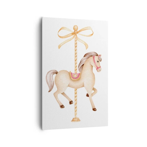 Impression sur toile - Image sur toile - Un cheval de carrousel avec un arc dans des pastels délicats - 80x120cm - Un trot gracieux - Décoration murale moderne pour le salon et la chambre ARTTOR