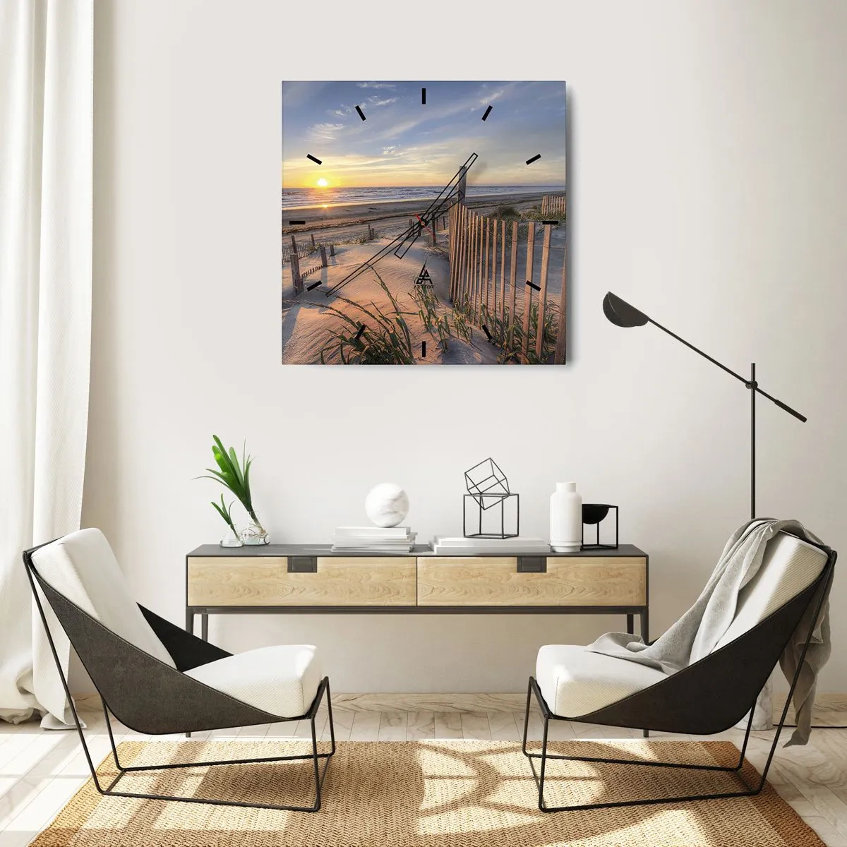 Horloge murale - Pendule murale - Plage au coucher du soleil avec clôture en bois - 30x30cm - Ombre et brillance du vent - Décoration murale moderne pour le salon et la chambre ARTTOR