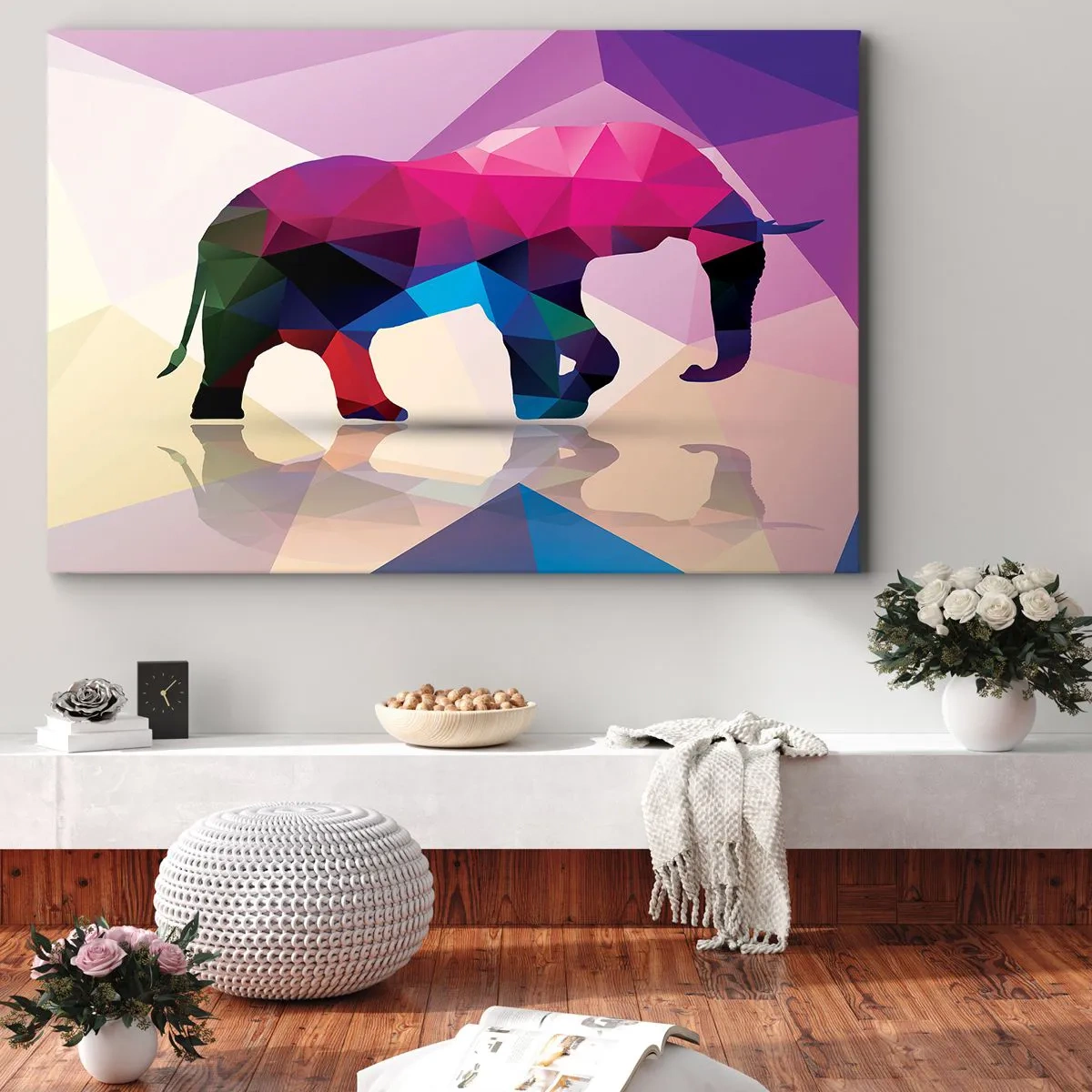 Impression sur toile - Image sur toile - Silhouette géométrique d'un éléphant aux couleurs vives - 120x80cm - Dinosaure en cristal - Décoration murale moderne pour le salon et la chambre ARTTOR