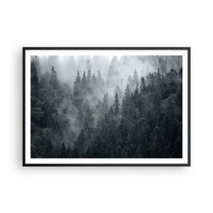Affiche dans un cadre noir - Poster - Forêt de conifères brumeuse aux tons gris et verts - 100x70cm - Aube de la forêt - Décoration murale moderne pour le salon et la chambre ARTTOR