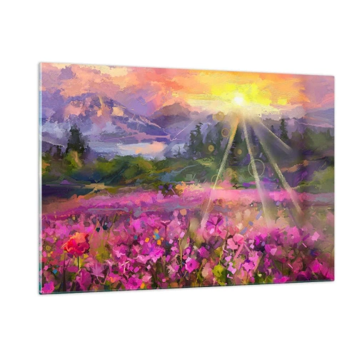Impression sur verre - Image sur verre - Une vallée pittoresque pleine de fleurs illuminées par les rayons du soleil - 120x80cm - Dans la vallée à l'abri du soleil - Décoration murale moderne pour le salon et la chambre ARTTOR