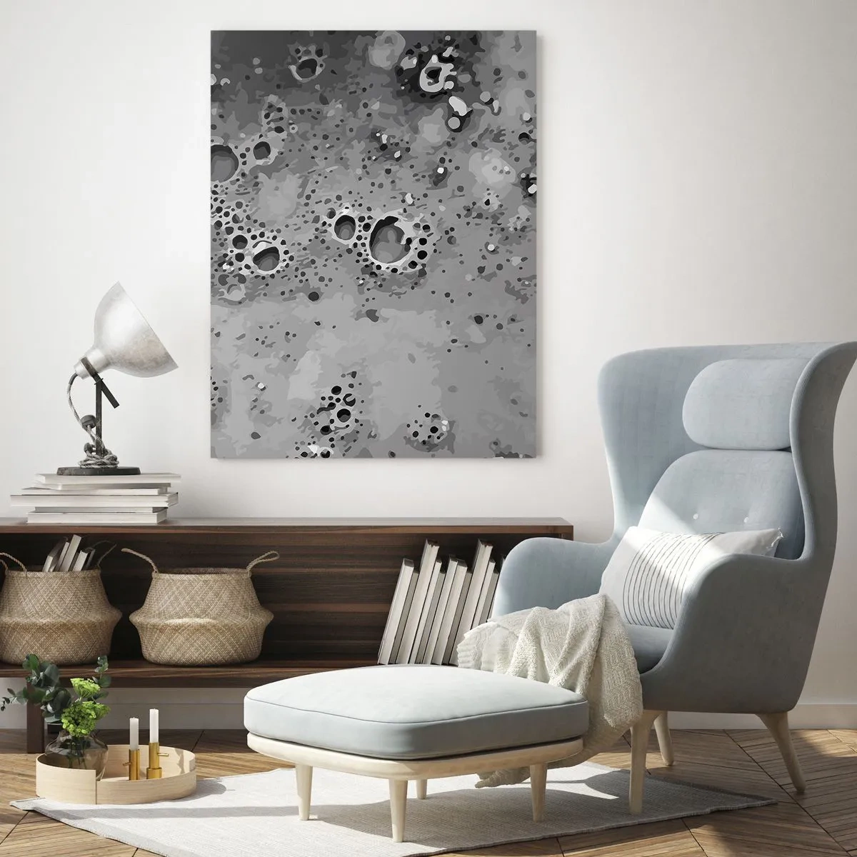 Impression sur verre - Image sur verre - Motif de bulles abstrait noir et blanc - 70x100cm - Comme un paysage lunaire - Décoration murale moderne pour le salon et la chambre ARTTOR