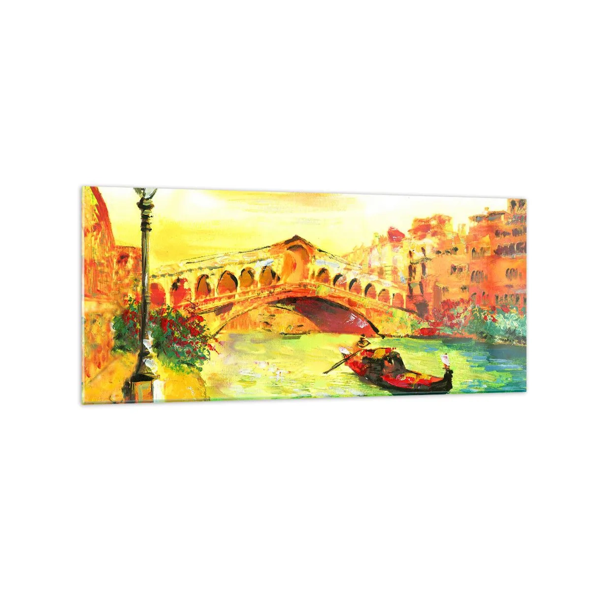 Impression sur verre - Image sur verre - Un pont pittoresque sur le canal avec une gondole à la lumière du soleil couchant - 120x50cm - Un pèlerinage d'amoureux - Décoration murale moderne pour le salon et la chambre ARTTOR