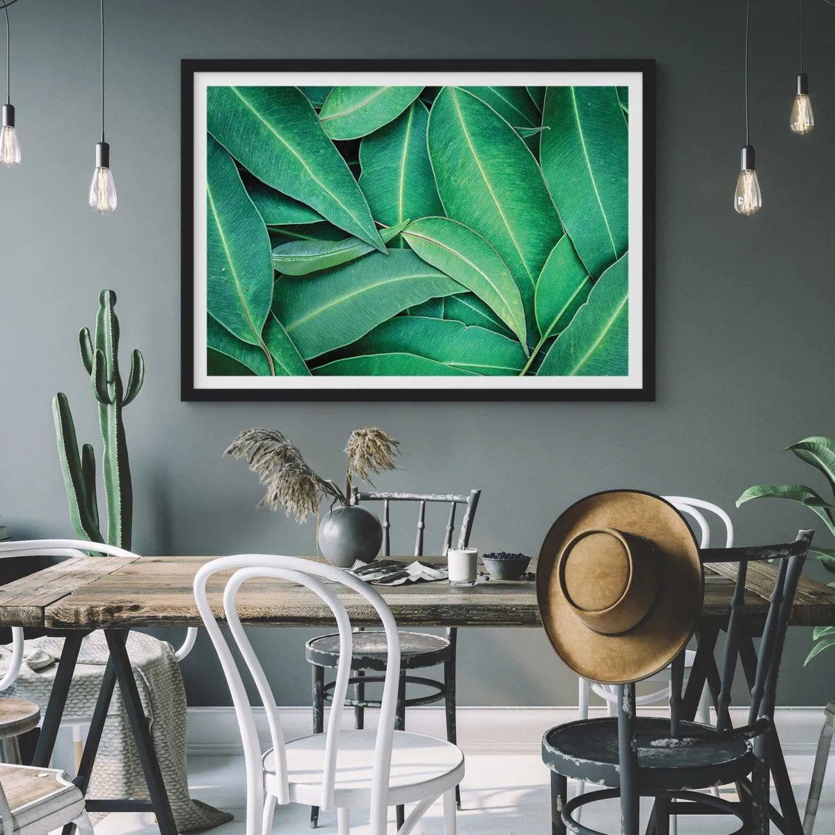 Affiche dans un cadre noir - Poster - Gros plan de feuilles vertes créant un motif naturel - 70x50cm - Juteux et frais - Décoration murale moderne pour le salon et la chambre ARTTOR