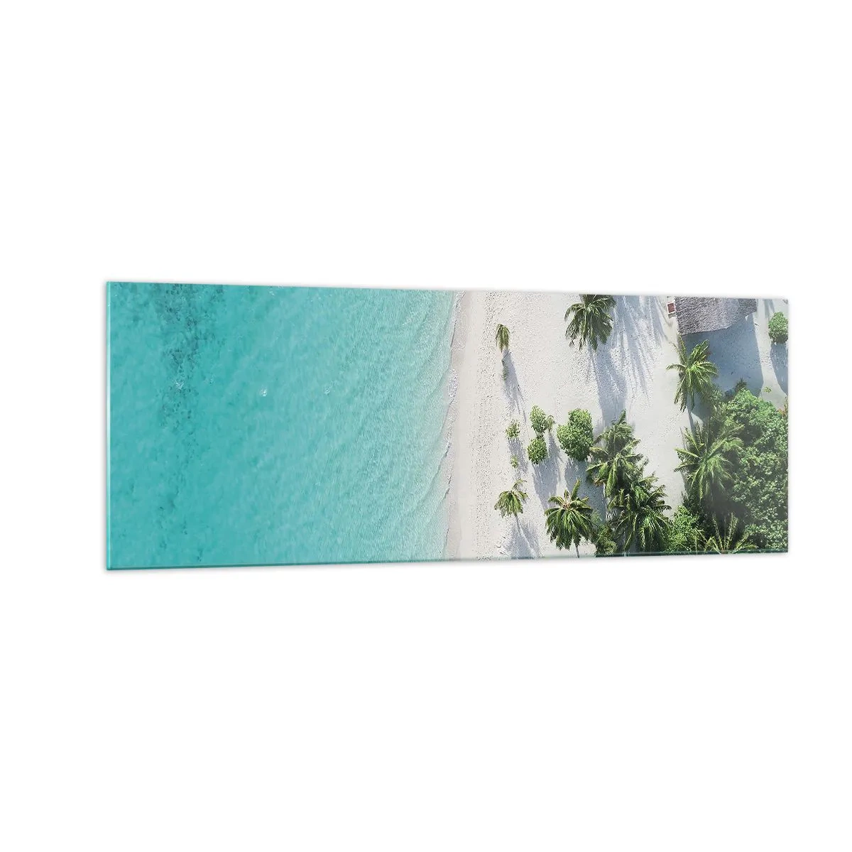 Impression sur verre - Image sur verre - Vue plongeante sur une plage tropicale avec de l'eau turquoise et des palmiers - 140x50cm - Vacances au paradis - Décoration murale moderne pour le salon et la chambre ARTTOR