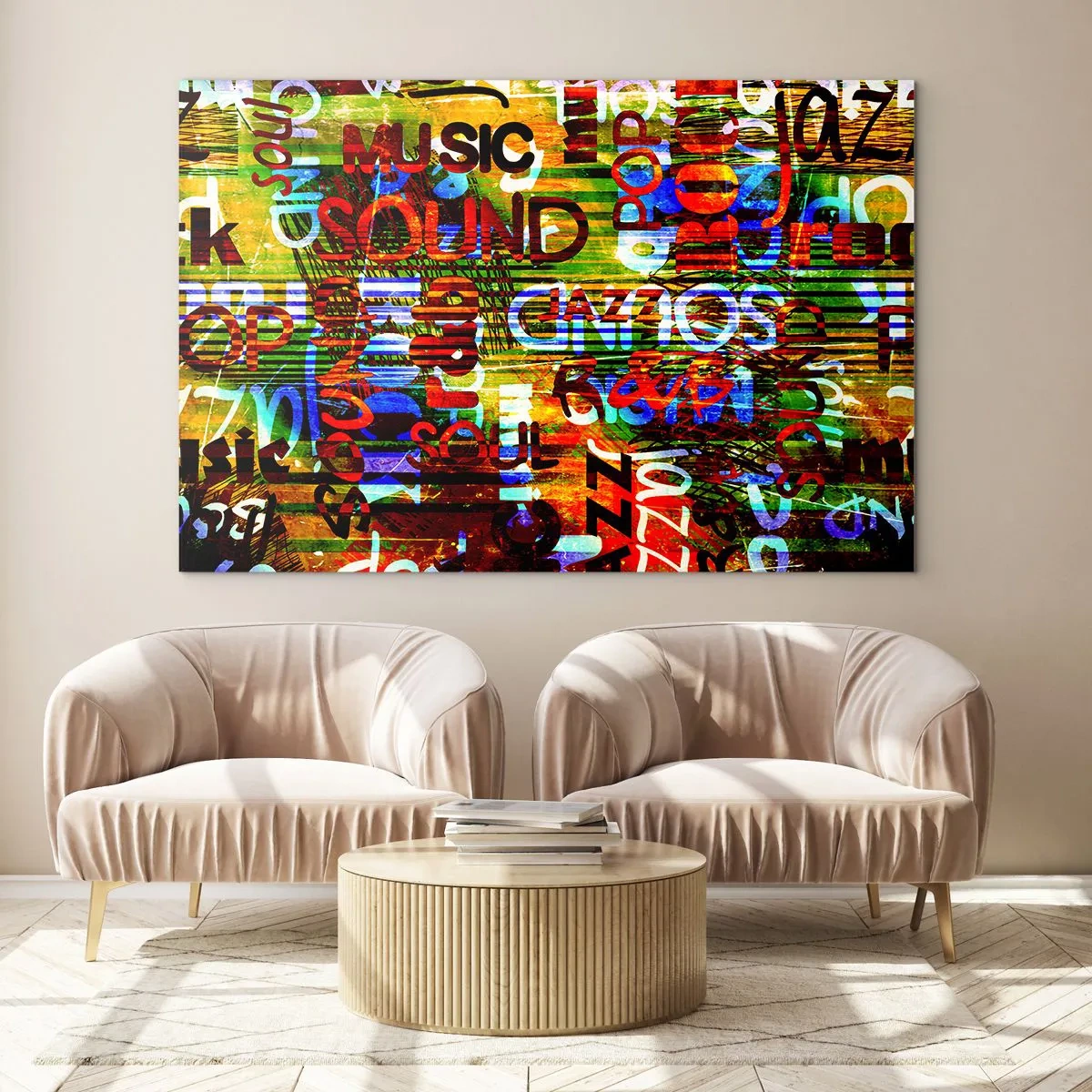 Impression sur verre - Image sur verre - Inscriptions colorées sur un fond de mosaïque artistique - 70x50cm - Toutes les nuances du son - Décoration murale moderne pour le salon et la chambre ARTTOR