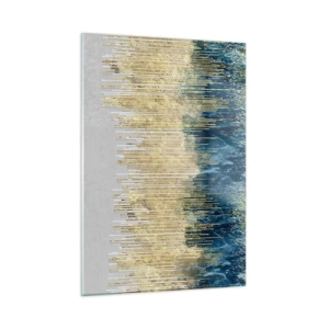 Impression sur verre - Image sur verre - Lignes verticales dorées sur fond de forêt bleu foncé - 50x70cm - Bordure dorée - Décoration murale moderne pour le salon et la chambre ARTTOR