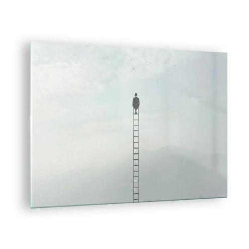 Impression sur verre - Image sur verre - Silhouette d'un homme au sommet d'une échelle dans les nuages - 70x50cm - Se soulever au-dessus - Décoration murale moderne pour le salon et la chambre ARTTOR