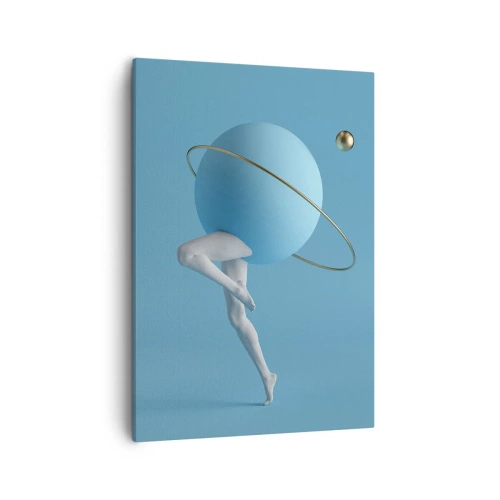 Impression sur toile - Image sur toile - Une sphère bleue avec une orbite et des jambes humaines contre le ciel - 50x70cm - Et les planètes deviennent folles - Décoration murale moderne pour le salon et la chambre ARTTOR