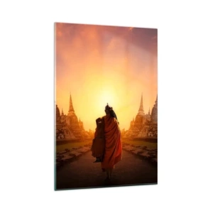 Impression sur verre - Image sur verre - Un moine parmi les temples au coucher du soleil - 80x120cm - En paix pour l'éternité - Décoration murale moderne pour le salon et la chambre ARTTOR