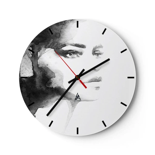 Horloge murale - Pendule murale - Portrait de femme à l'aquarelle en noir et blanc - 30x30cm - Fait de mystère et de brouillard - Décoration murale moderne pour le salon, la cuisine et la chambre ARTTOR