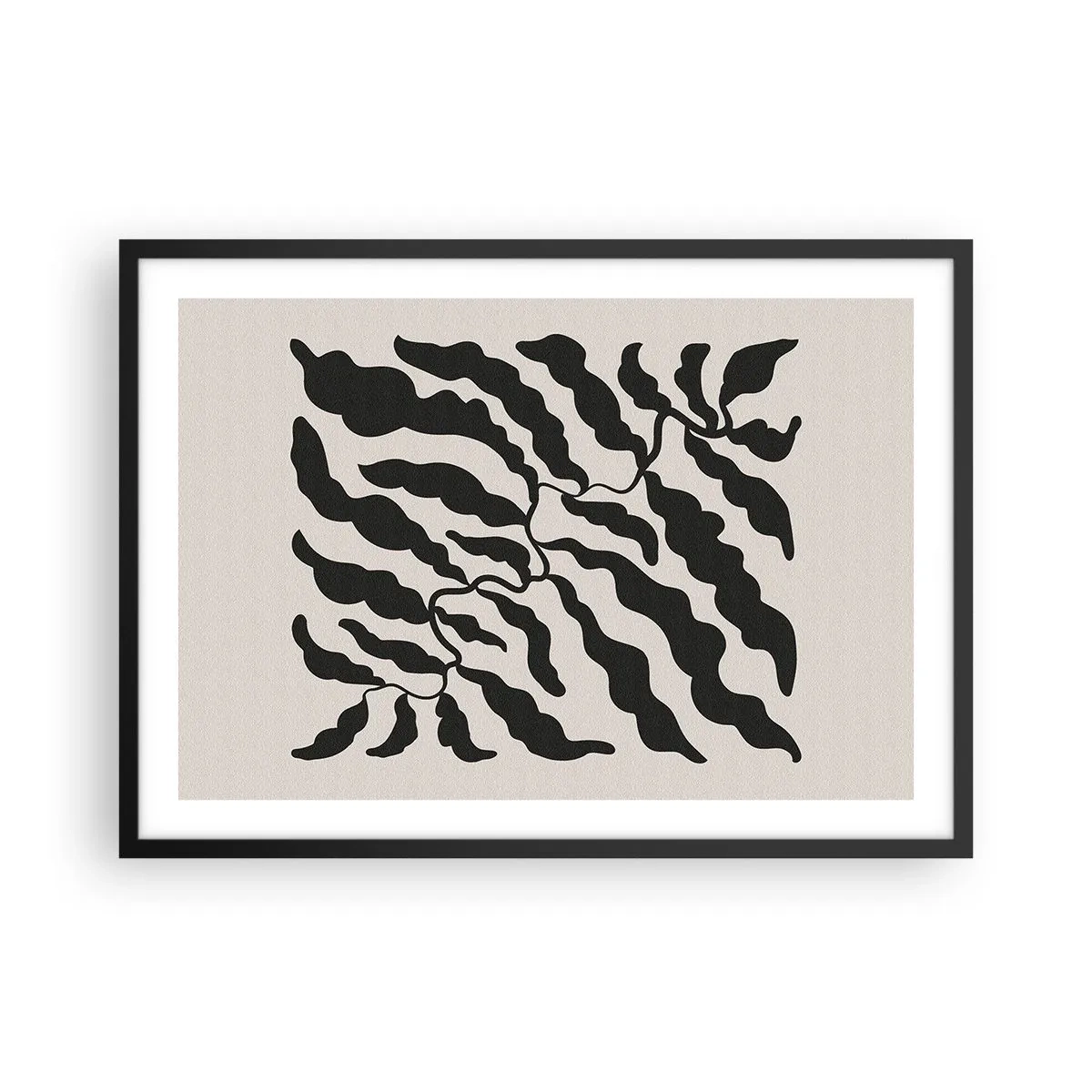 Affiche dans un cadre noir - Poster - Brindilles avec des feuilles noires sur fond clair - 70x50cm - La nature du carré - Décoration murale moderne pour le salon et la chambre ARTTOR
