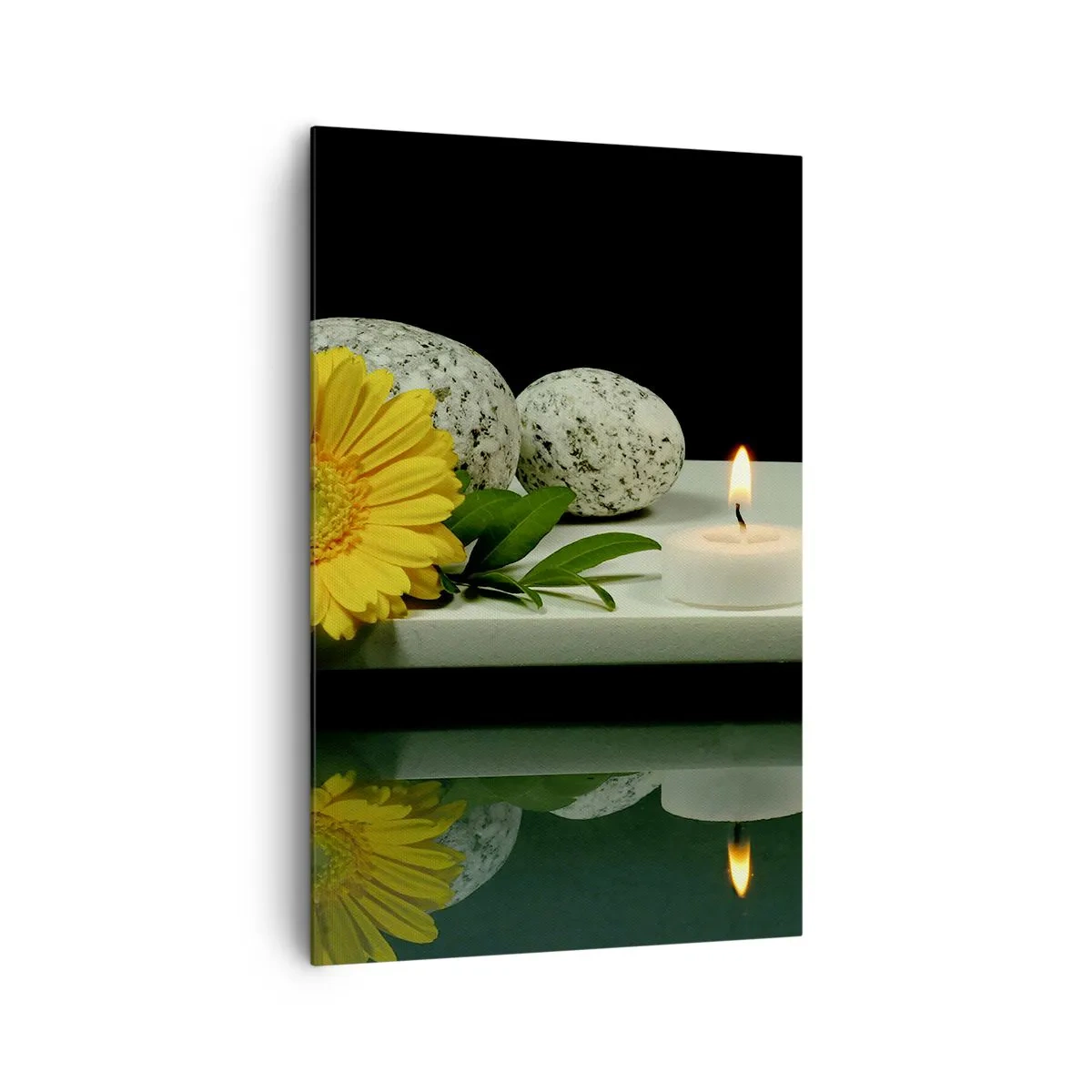 Impression sur toile - Image sur toile - Fleur jaune, bougies et pierres sur fond d'eau - 80x120cm - Apaisement des sens - Décoration murale moderne pour le salon et la chambre ARTTOR