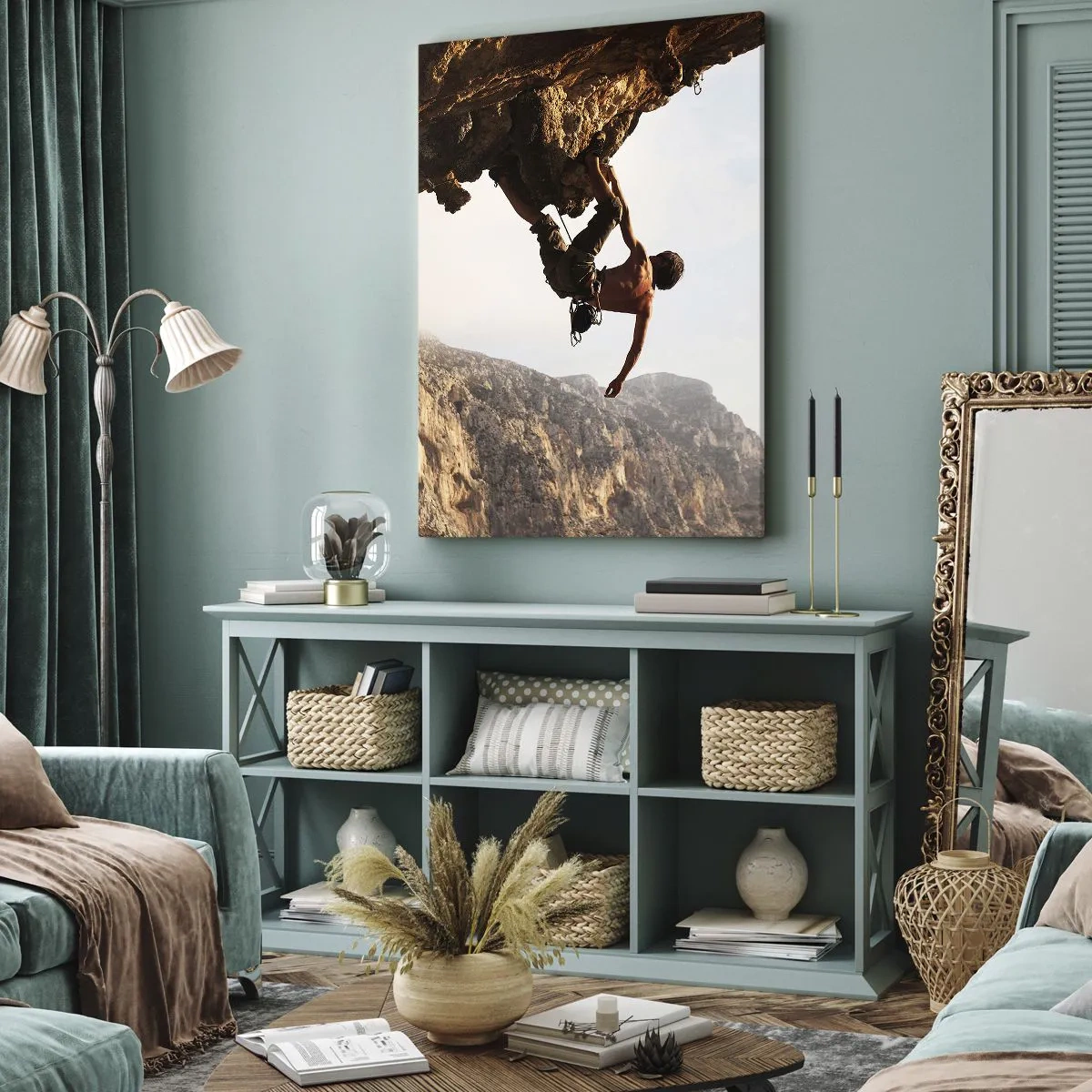 Impression sur toile - Image sur toile - Un grimpeur sur une falaise abrupte dans les montagnes au soleil - 50x70cm - Le monde rétréci dans une main sur une coupe de rocher - Décoration murale moderne pour le salon et la chambre ARTTOR