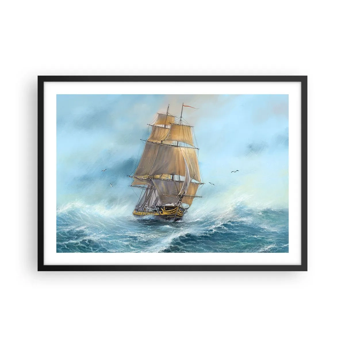 Affiche dans un cadre noir - Poster - Un voilier sur une mer agitée - 70x50cm - Se précipitant sur les vagues - Décoration murale moderne pour le salon et la chambre ARTTOR
