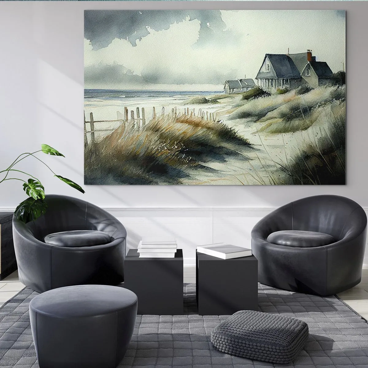 Impression sur verre - Image sur verre - Maisons de dunes en bord de mer sous un ciel nuageux - 100x70cm - Loin de l'agitation - Décoration murale moderne pour le salon et la chambre ARTTOR