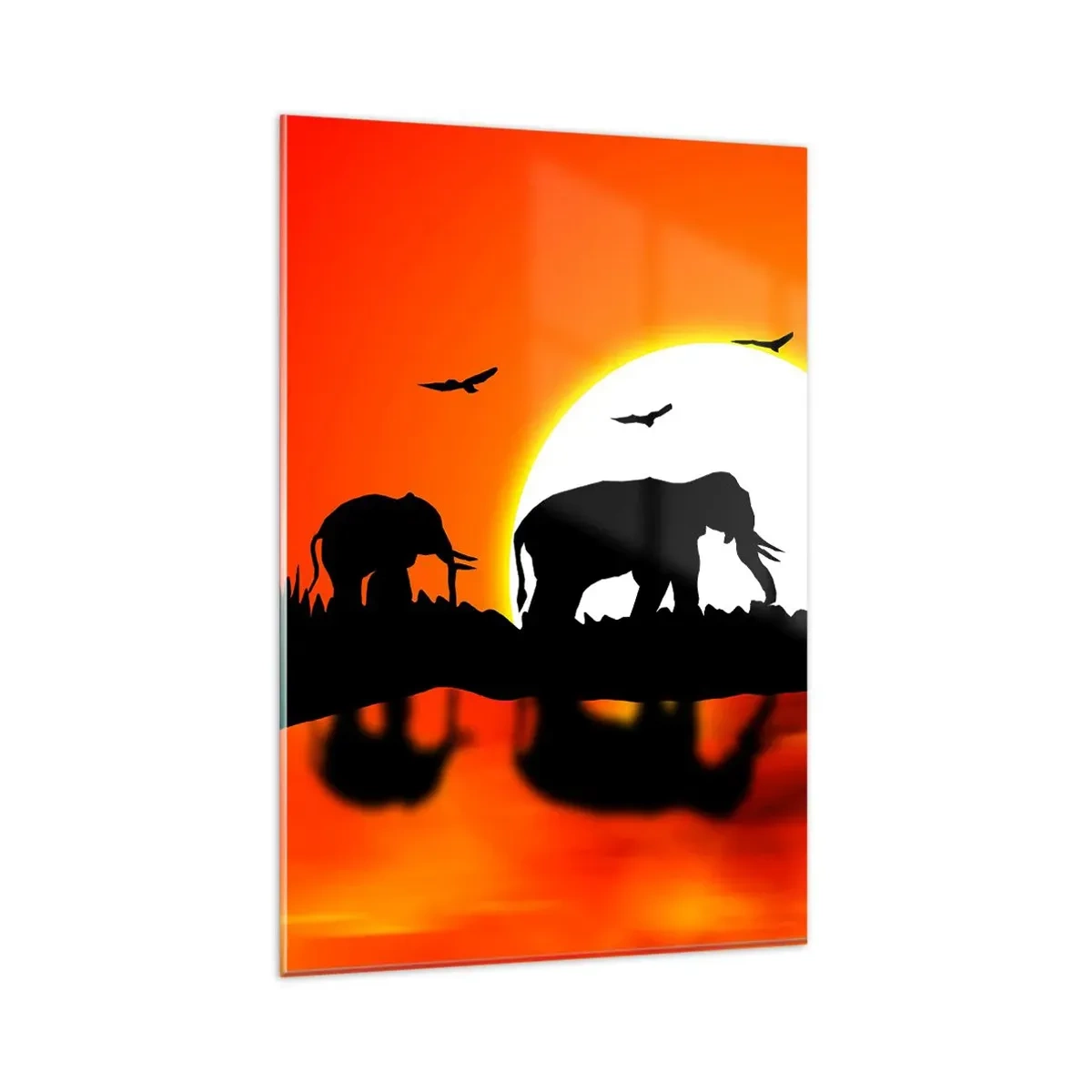 Impression sur verre - Image sur verre - Silhouettes d'éléphants au coucher du soleil sur l'eau avec reflet - 80x120cm - Et le soir pour un petit verre - Décoration murale moderne pour le salon et la chambre ARTTOR