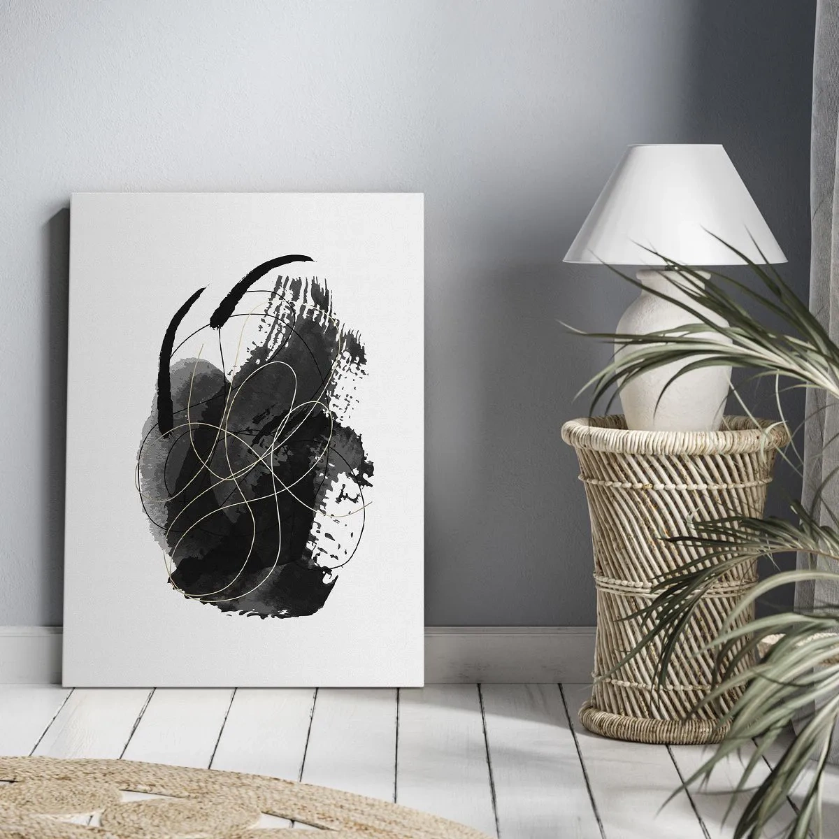 Impression sur toile - Image sur toile - Abstraction en noir et or sur fond blanc - 50x70cm - Fait de noir - Décoration murale moderne pour le salon et la chambre ARTTOR