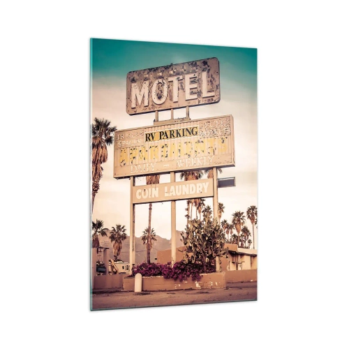 Impression sur verre - Image sur verre - Panneau de motel rétro entouré de palmiers - 70x100cm - Ici, le temps s'est arrêté - Décoration murale moderne pour le salon et la chambre ARTTOR