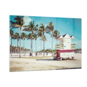 Impression sur verre - Image sur verre - Une plage avec des palmiers et une tour de surveillance par une journée ensoleillée - 120x80cm - Une belle journée devant toi - Décoration murale moderne pour le salon et la chambre ARTTOR