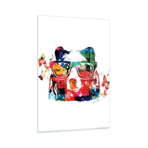 Impression sur verre - Image sur verre - Ours coloré avec des lunettes avec des papillons et des notes de musique - 80x120cm - Ca plait au chien! - Décoration murale moderne pour le salon et la chambre ARTTOR