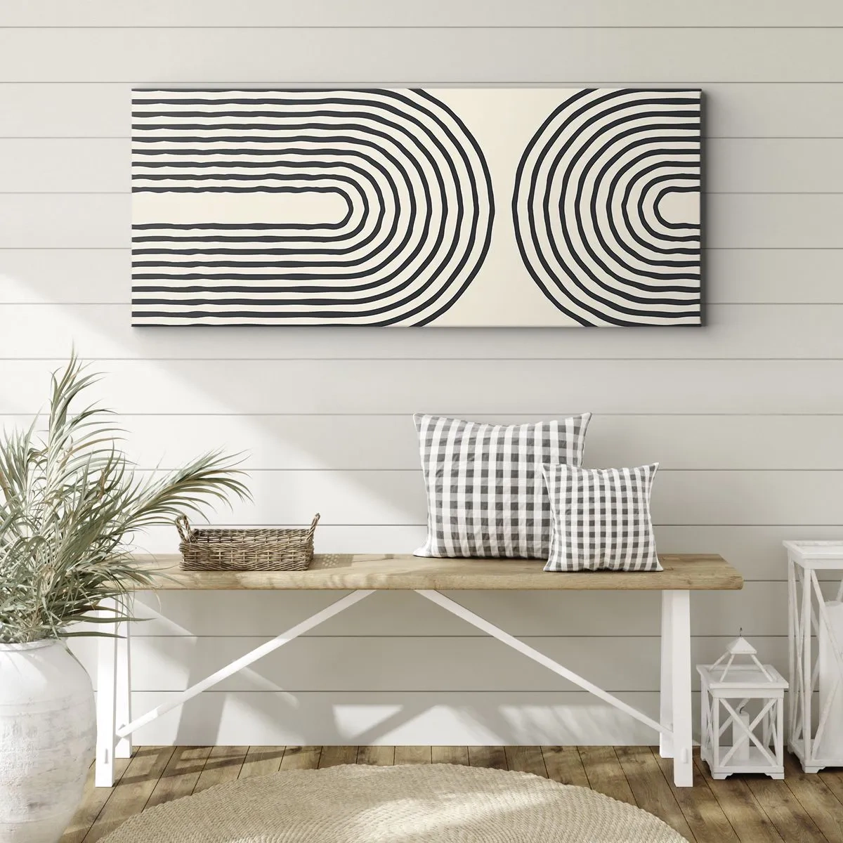 Impression sur toile - Image sur toile - Motif géométrique abstrait avec des lignes symétriques sur un fond clair - 160x50cm - Dans un instant... - Décoration murale moderne pour le salon et la chambre ARTTOR