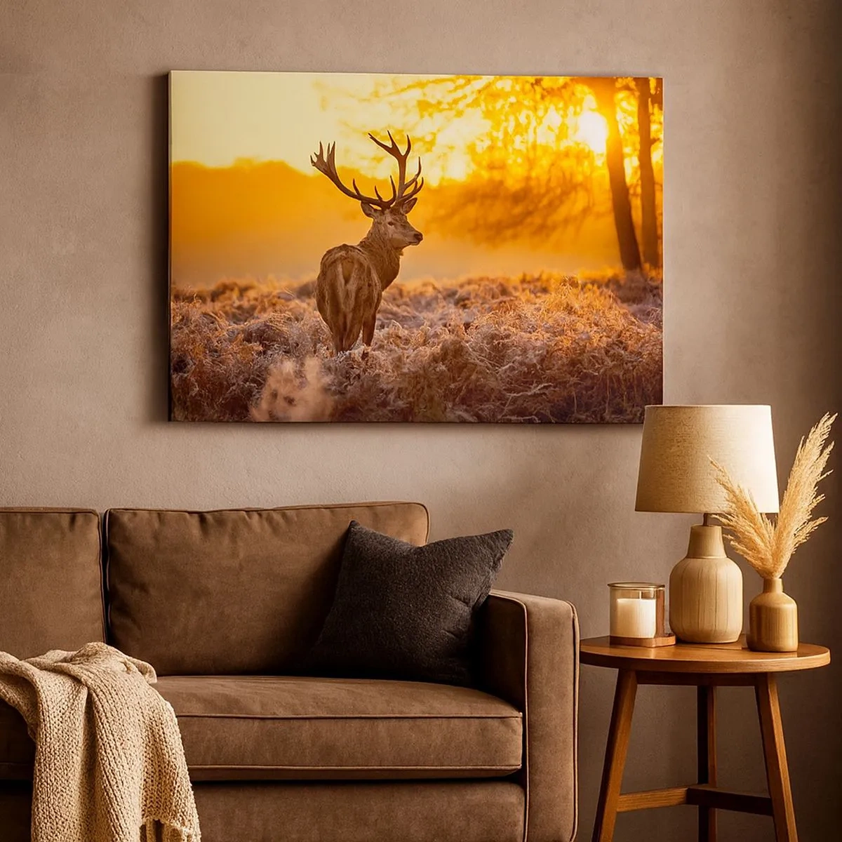 Impression sur toile - Image sur toile - Un cerf sur fond de forêt d'automne illuminée par le soleil doré - 70x50cm - Roi de la forêt automnal - Décoration murale moderne pour le salon et la chambre ARTTOR