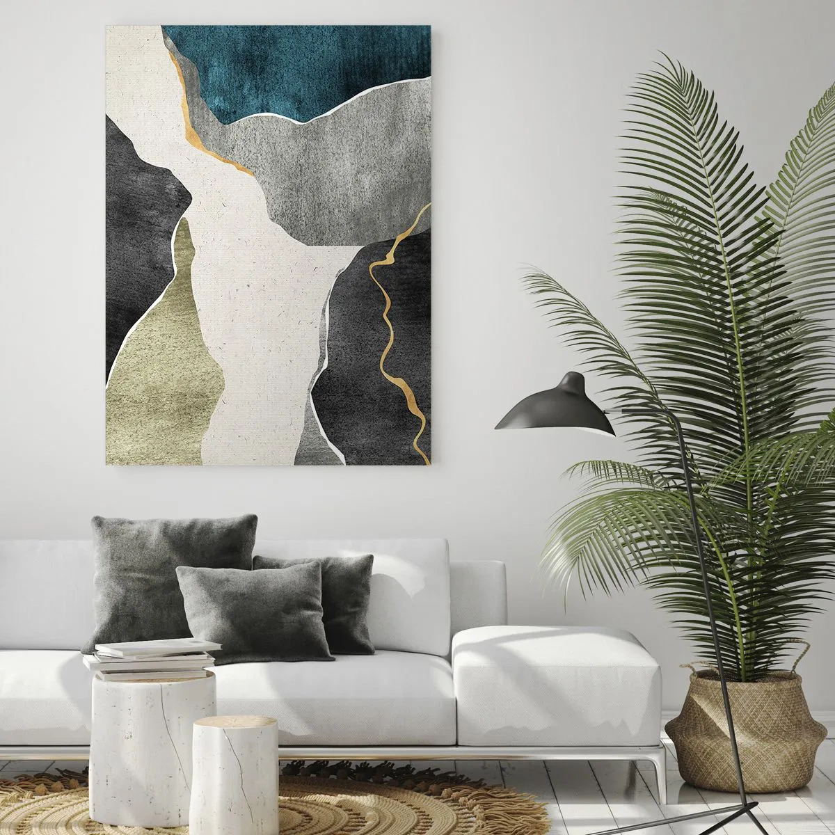 Impression sur verre - Image sur verre - Formes géométriques dans les tons de gris, vert et or - 70x100cm - Composition mosaïque avec un fil d'or - Décoration murale moderne pour le salon et la chambre ARTTOR