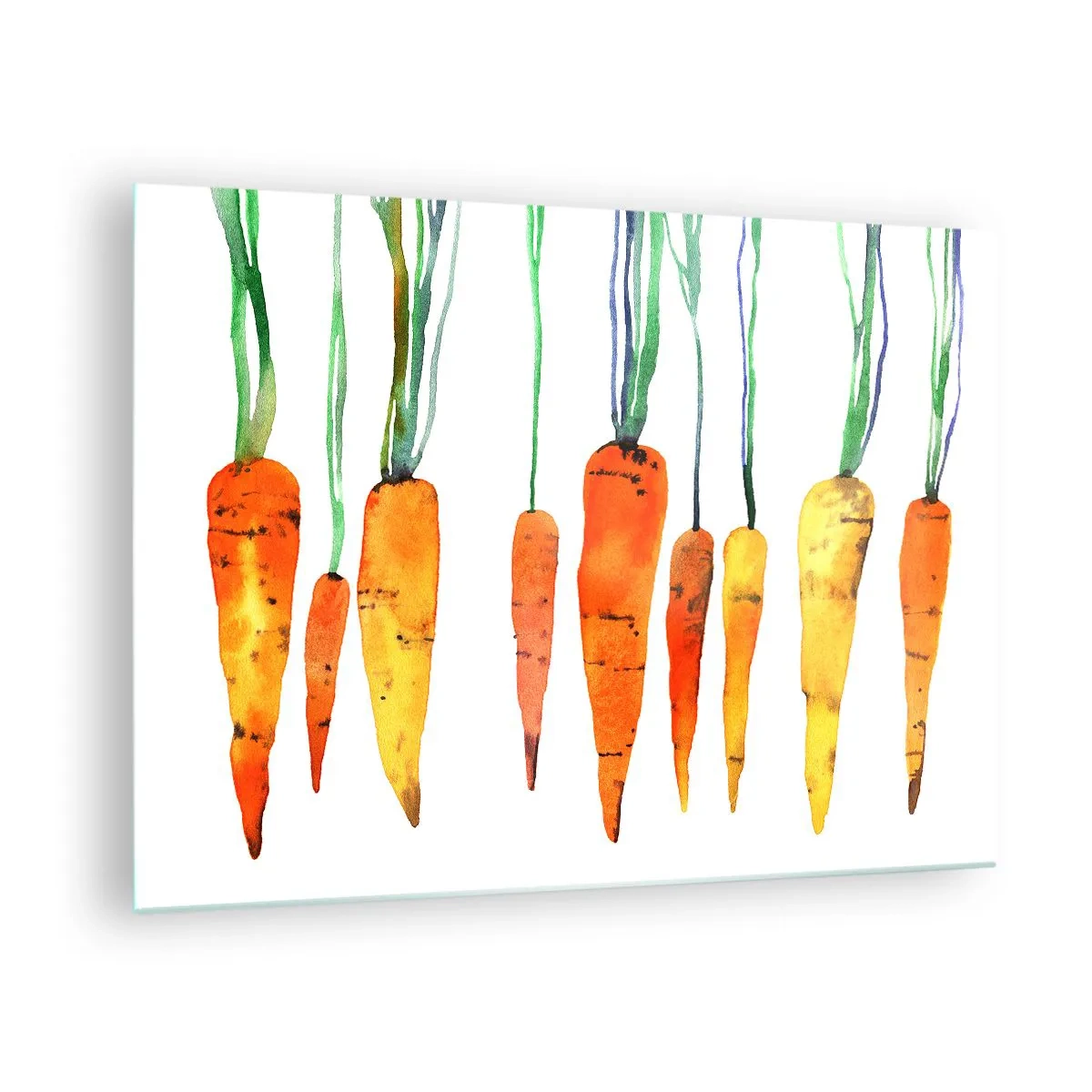 Impression sur verre - Image sur verre - Carottes à l'aquarelle dans différentes nuances d'orange avec des tiges vertes - 70x50cm - La beauté de l'ordinaire - Décoration murale moderne pour le salon et la chambre ARTTOR