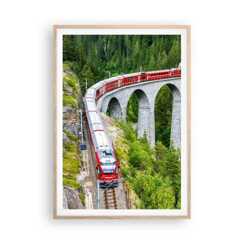Affiche dans un chêne clair - Poster - Chemin de fer avec vue sur la montagne - 70x100 cm