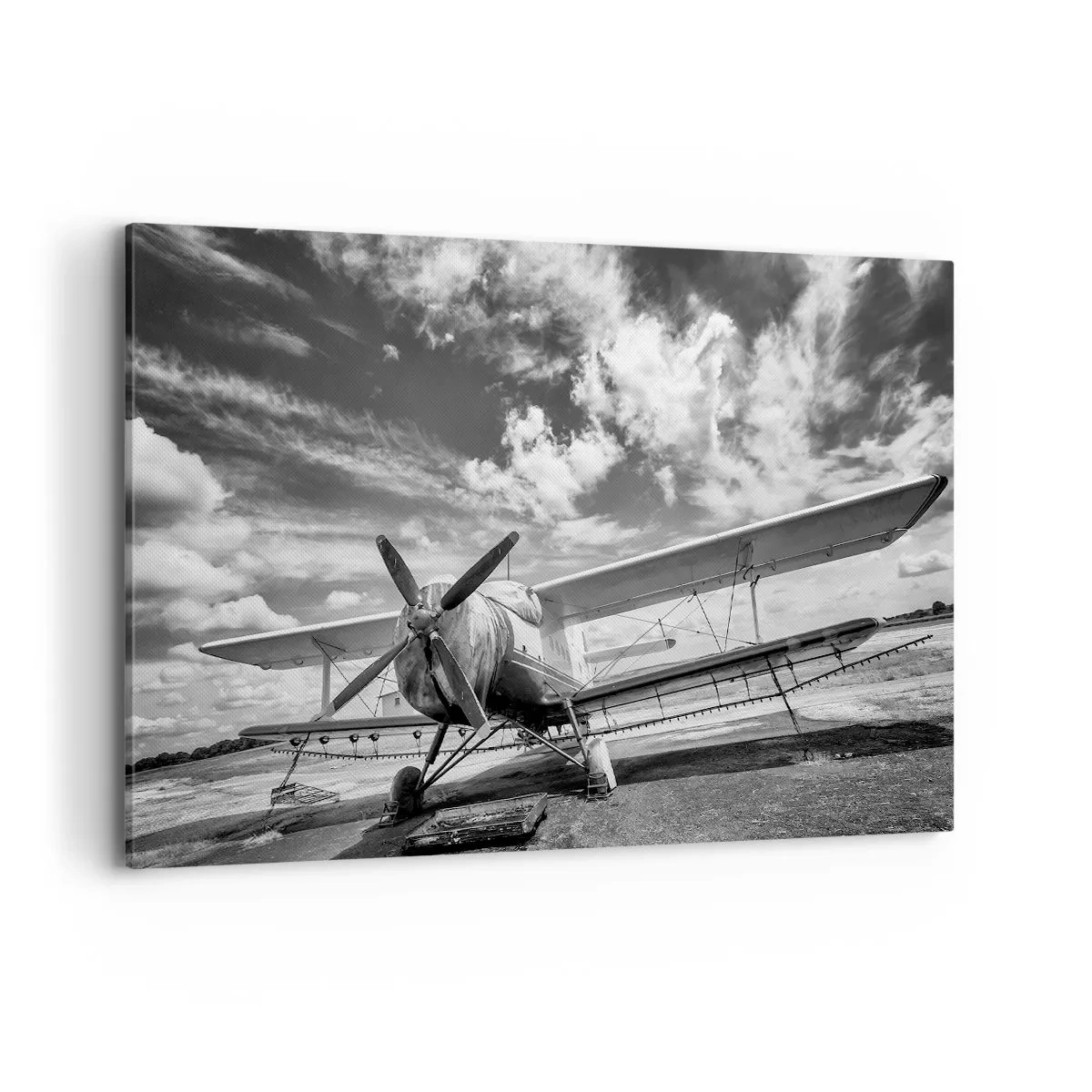 Impression sur toile - Image sur toile - Un vieil avion à l'aéroport en noir et blanc - 120x80cm - Je suis impatient! - Décoration murale moderne pour le salon et la chambre ARTTOR