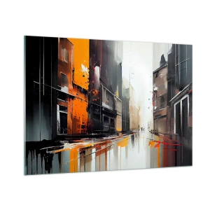 Impression sur verre - Image sur verre - Une rue sous la pluie avec de grands immeubles aux couleurs chaudes - 100x70cm - Jour de pluie - Décoration murale moderne pour le salon et la chambre ARTTOR