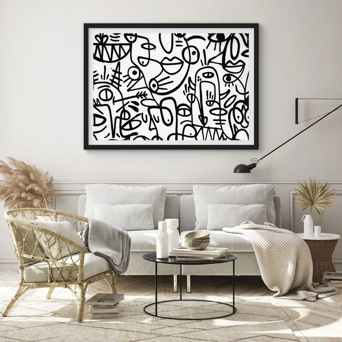 Affiche dans un cadre noir - Poster - Dessins abstraits en noir et blanc avec des motifs faciaux - 70x50cm - Visages et mirages - Décoration murale moderne pour le salon et la chambre ARTTOR
