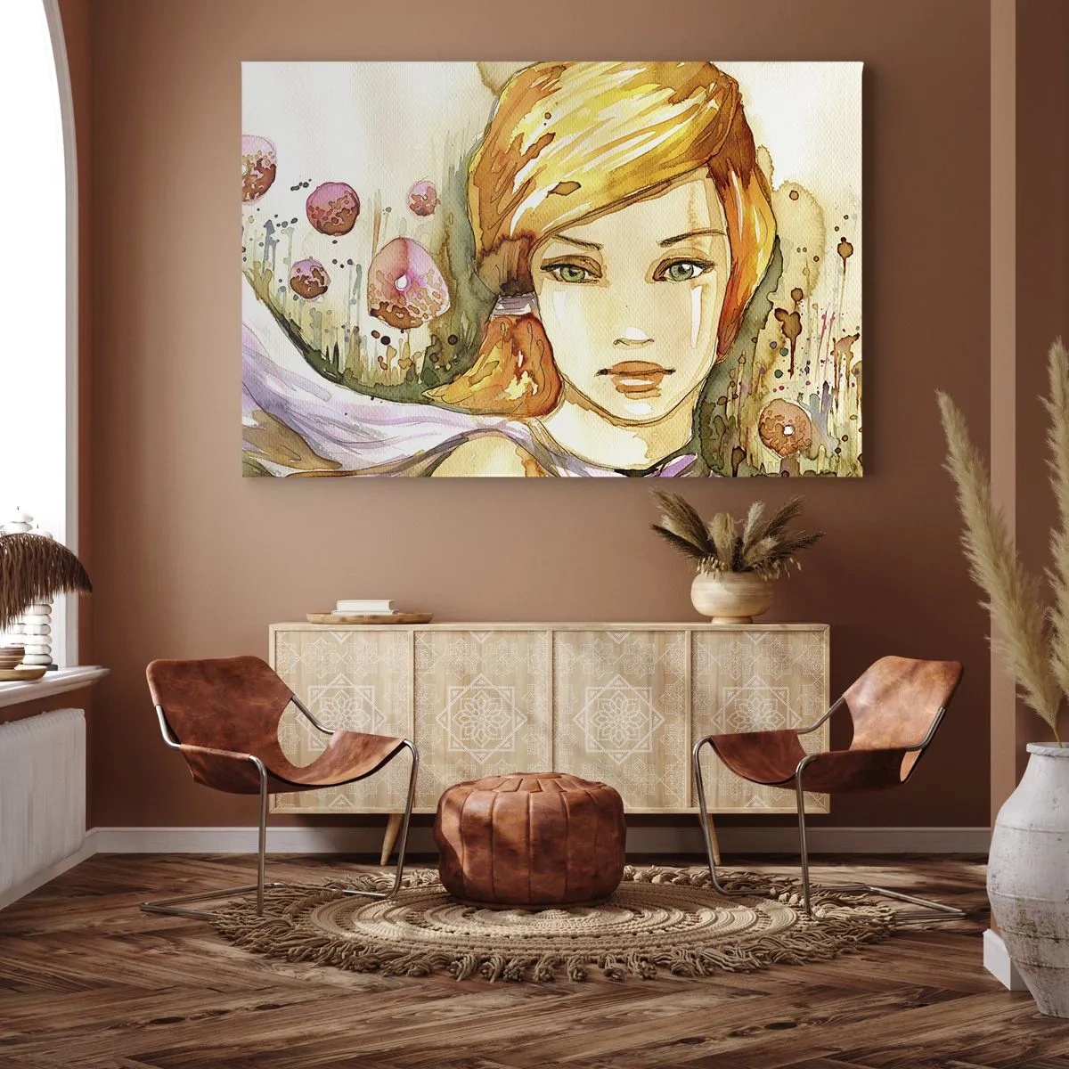 Impression sur toile - Image sur toile - Portrait d'une femme aux couleurs aquarelles au regard intense - 120x80cm - Un regard émeraude qui calme la colère - Décoration murale moderne pour le salon et la chambre ARTTOR