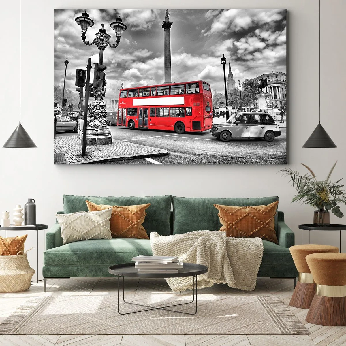 Impression sur toile - Image sur toile - Un bus rouge à impériale sur fond de ville en noir et blanc - 70x50cm - La vraie circulation sanguine de la ville - Décoration murale moderne pour le salon et la chambre ARTTOR