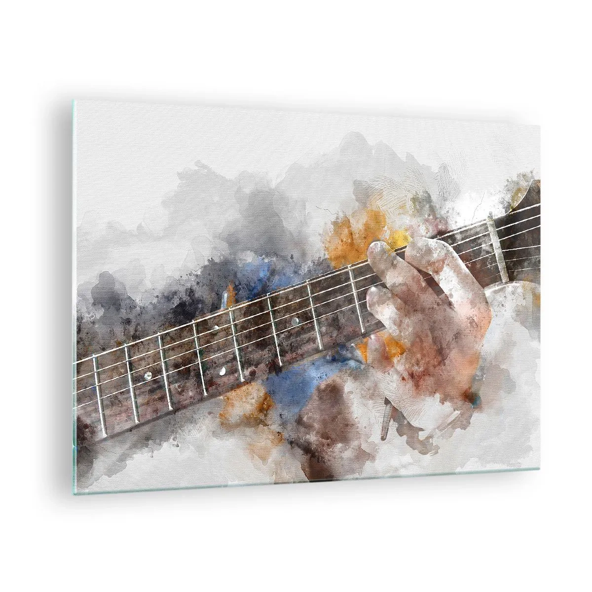 Impression sur verre - Image sur verre - Motif aquarelle d'une main jouant de la guitare - 70x50cm - La poésie entre les cordes - Décoration murale moderne pour le salon et la chambre ARTTOR