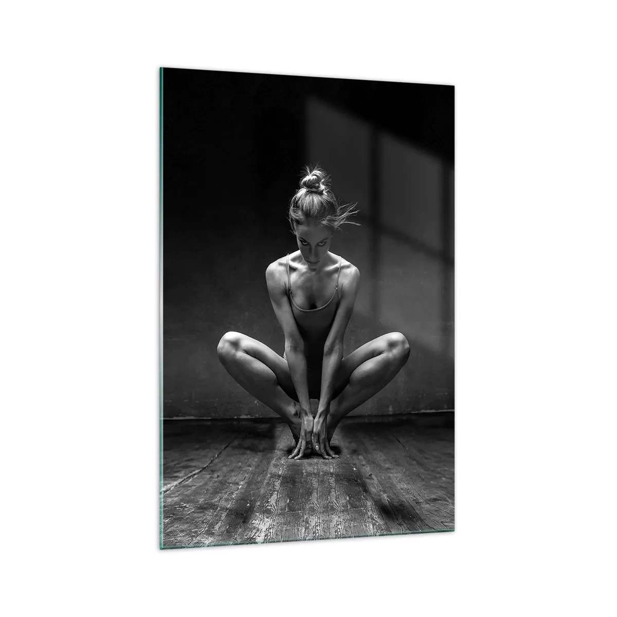 Impression sur verre - Image sur verre - Portrait en noir et blanc d'une danseuse en pleine concentration. - 70x100cm - Concentration de l'énergie de la danse - Décoration murale moderne pour le salon et la chambre ARTTOR
