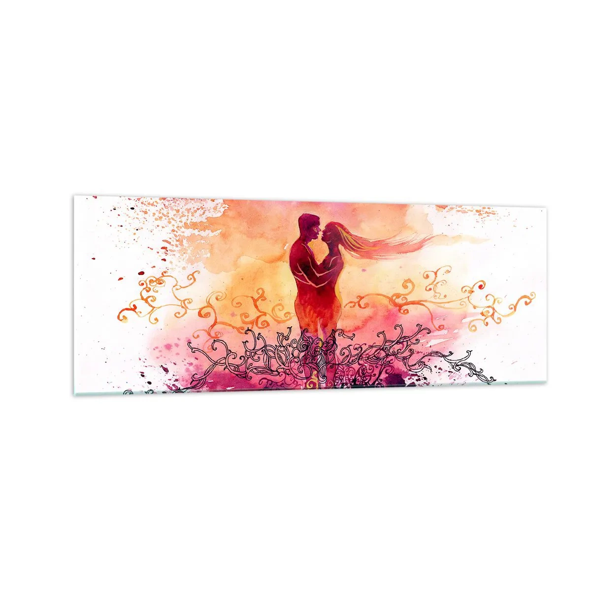 Impression sur verre - Image sur verre - Un couple s'embrassant sur un motif abstrait rose et orange - 140x50cm - Un coeur! Je n'ai pas besoin de beaucoup… - Décoration murale moderne pour le salon et la chambre ARTTOR