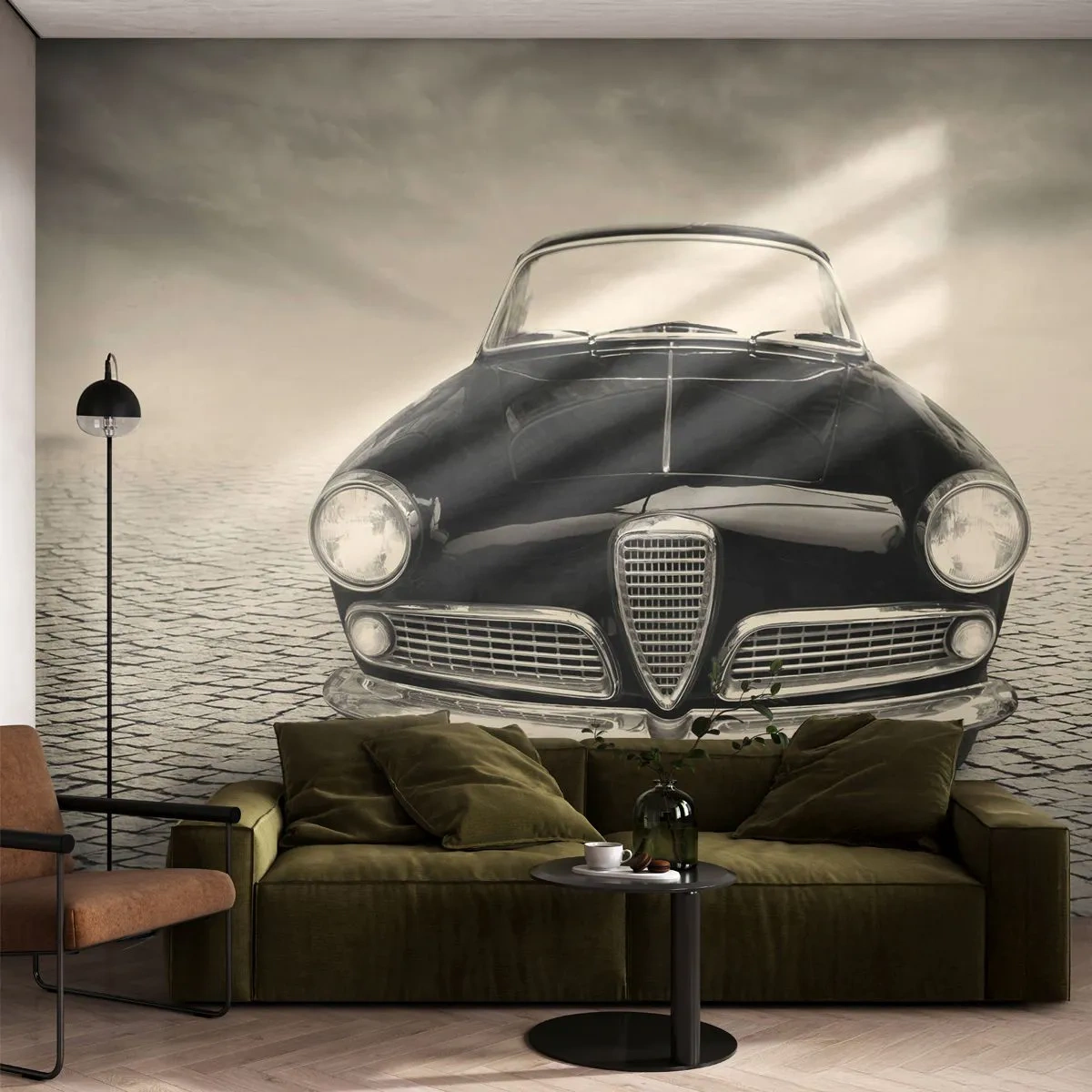 Papier Peint Photo Premium Sand - Voiture rétro classique sur une route pavée - 100x70cm - Et alors! Tu ne m'aime pas? - Décoration murale moderne pour le salon et la chambre ARTTOR