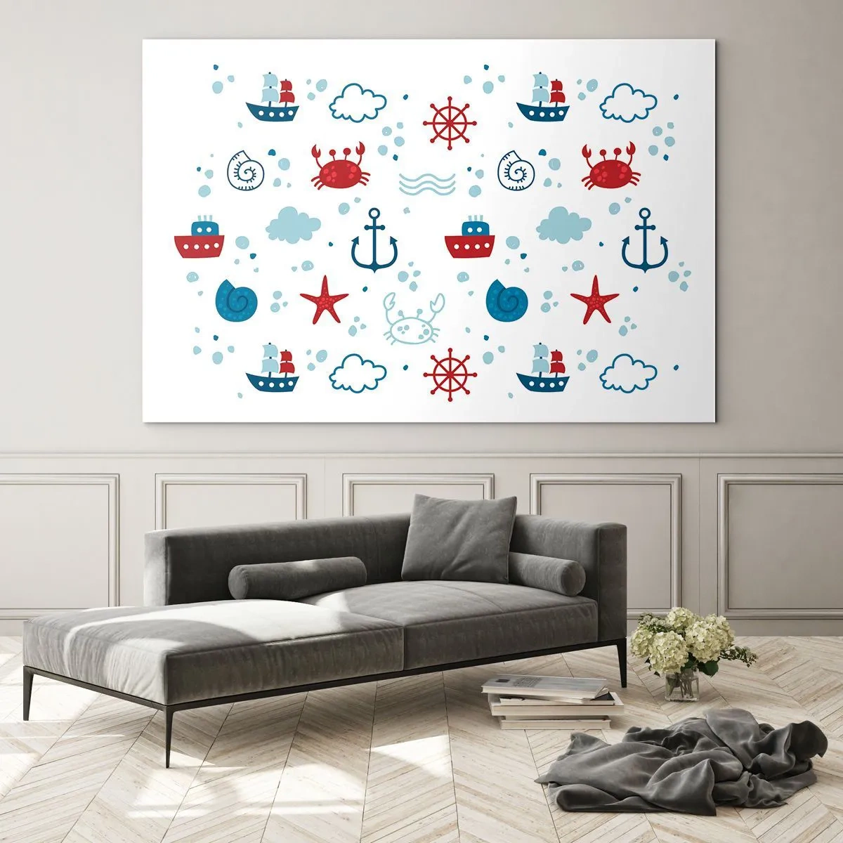 Impression sur verre - Image sur verre - Motifs nautiques avec crabes, ancres et navires - 120x80cm - Conte de fées de la mer - Décoration murale moderne pour le salon et la chambre ARTTOR