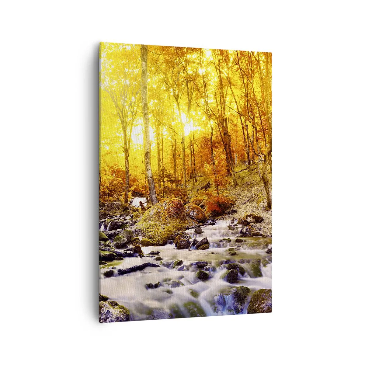 Impression sur toile - Image sur toile - Forêt d'automne avec un ruisseau parmi les feuilles dorées - 70x100cm - Pierres serties d'or et de platine - Décoration murale moderne pour le salon et la chambre ARTTOR