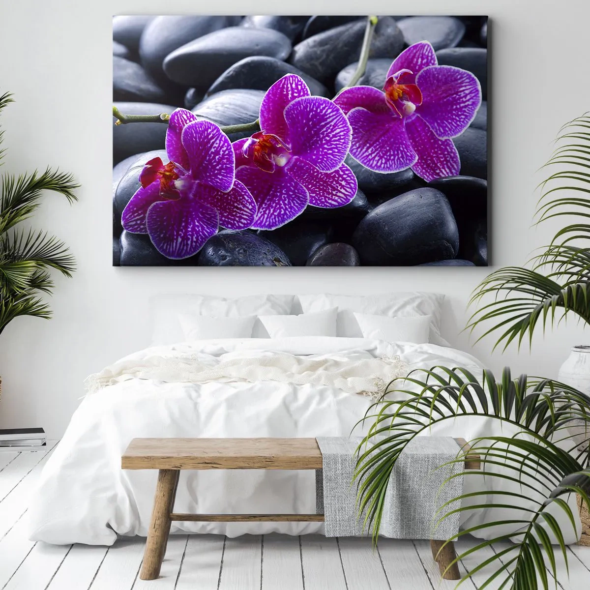 Impression sur toile - Image sur toile - Orchidées violettes sur fond de pierres noires - 100x70cm - Les pierres brillaient de joie - Décoration murale moderne pour le salon et la chambre ARTTOR