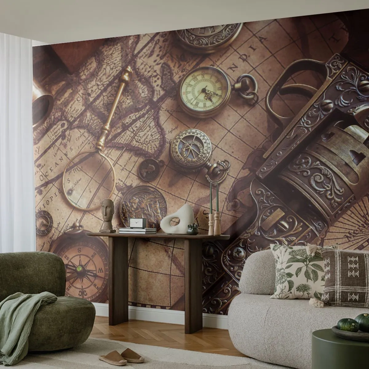 Papier Peint Photo Premium Sand - Objets anciens sur une vieille carte rétro - 100x70cm - L'aventure appelle - Décoration murale moderne pour le salon et la chambre ARTTOR