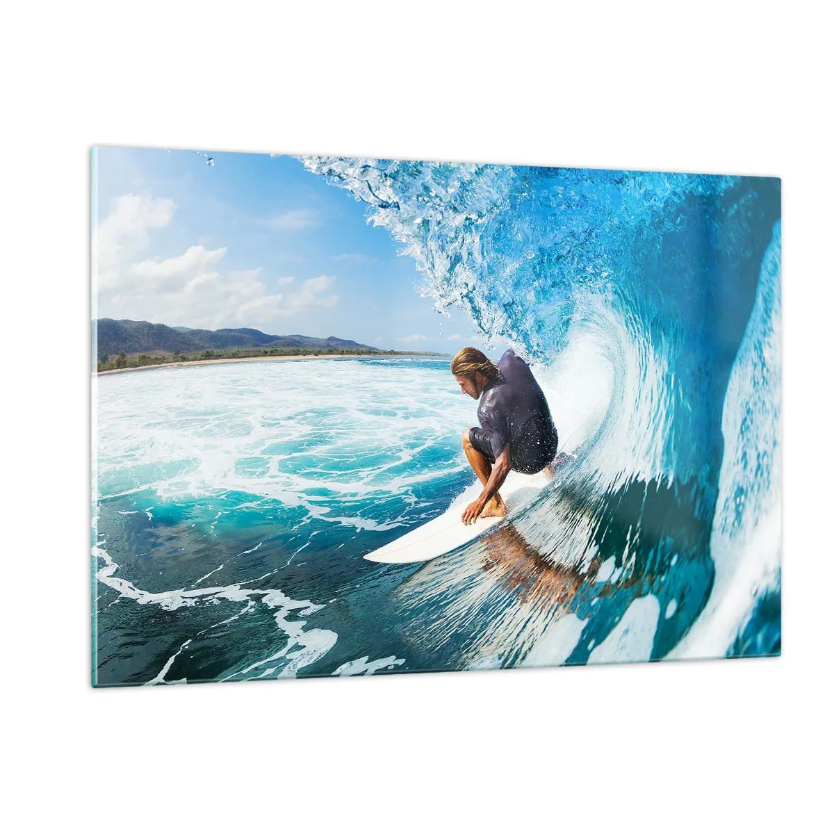 Impression sur verre - Image sur verre - Surfeur dans un tunnel d'eau avec l'océan en arrière-plan - 120x80cm - Danse avec les vagues - Décoration murale moderne pour le salon et la chambre ARTTOR