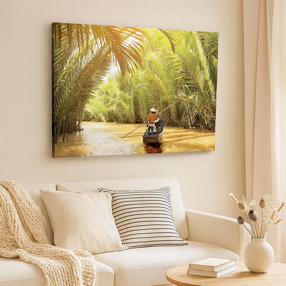 Impression sur toile - Image sur toile - Un bateau sur une rivière entourée de végétation tropicale - 70x50cm - Ravin de palmier - Décoration murale moderne pour le salon et la chambre ARTTOR