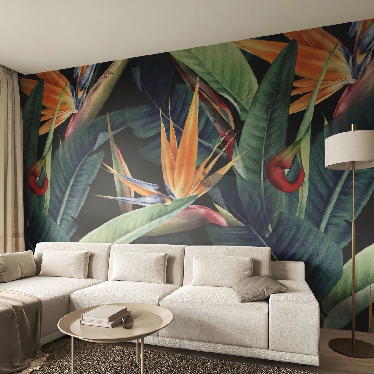 Papier Peint Photo Premium Sand - Fleurs et feuilles exotiques aux couleurs intenses - 100x70cm - Fleurs flamboyantes des tropiques - Décoration murale moderne pour le salon et la chambre ARTTOR