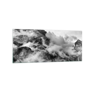 Impression sur verre - Image sur verre - Vue en noir et blanc de montagnes entourées de nuages - 120x50cm - Belle et cruelle - Décoration murale moderne pour le salon et la chambre ARTTOR