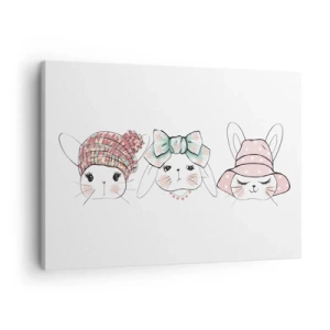 Impression sur toile - Image sur toile - Adorables lapins portant des coiffes pastel - 70x50cm - Pensif, triste, satisfait - Décoration murale moderne pour le salon et la chambre ARTTOR
