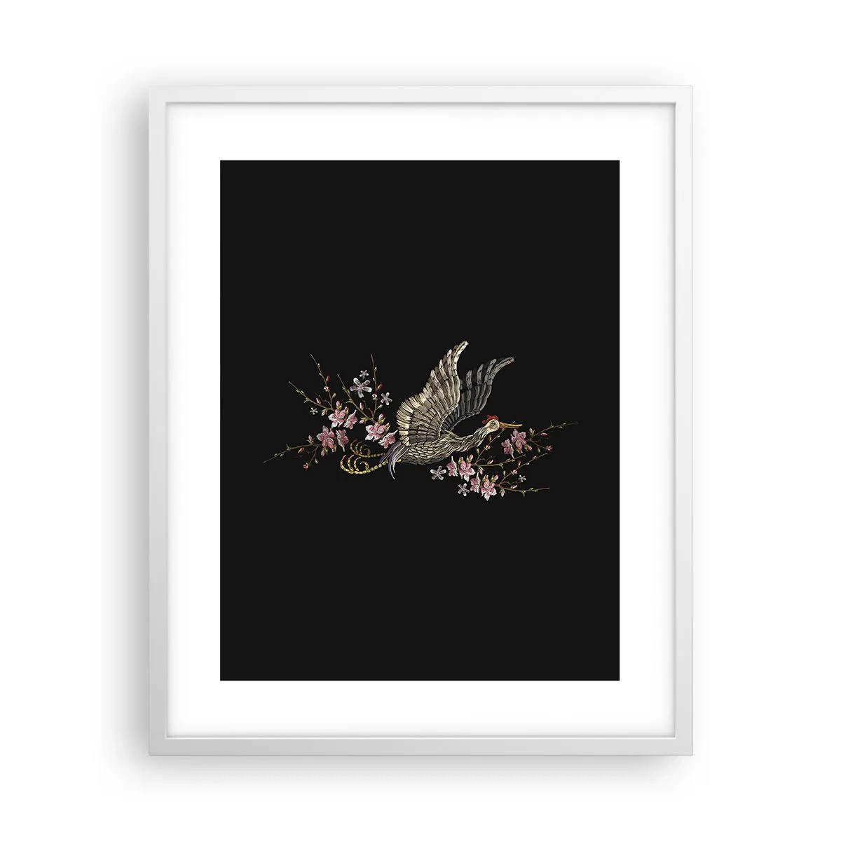 Affiche dans un cadre blanc - Poster - Oiseau brodé exotique - 40x50 cm